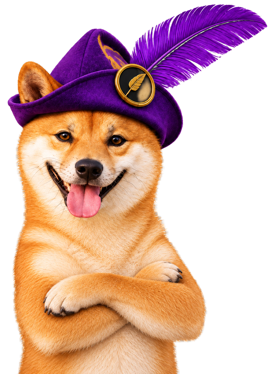 I/NU standing upright, waist up with his furry arms folded, wearing his purple feathered hat